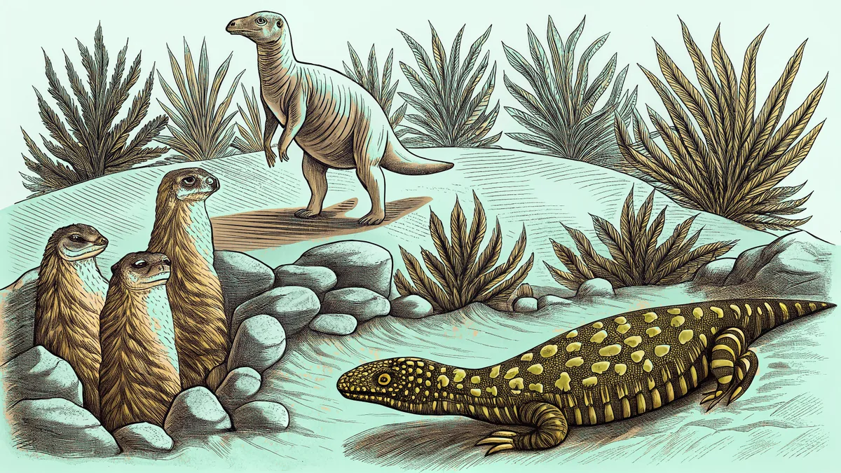 A camel walking across desert dunes with meerkats standing guard and a Gila monster nearby.