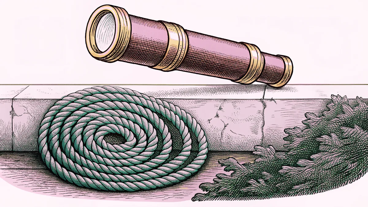 A small brass telescope and a coil of rope resting on a stone ledge.