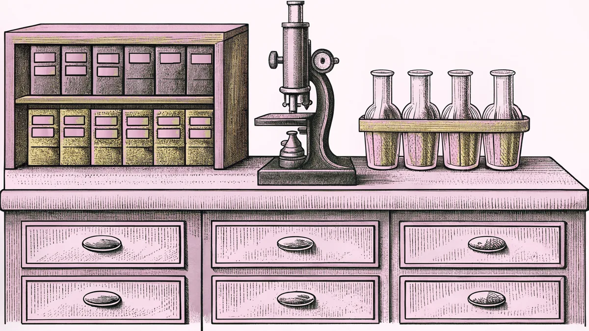 A microscope and specimen slides rest on a laboratory workbench among evidence containers.