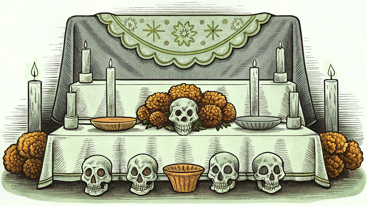 A festive Day of the Dead altar holds skulls, flowers, and candles.