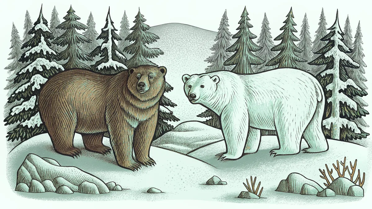 Different bear species stand in Arctic terrain with snow and ice