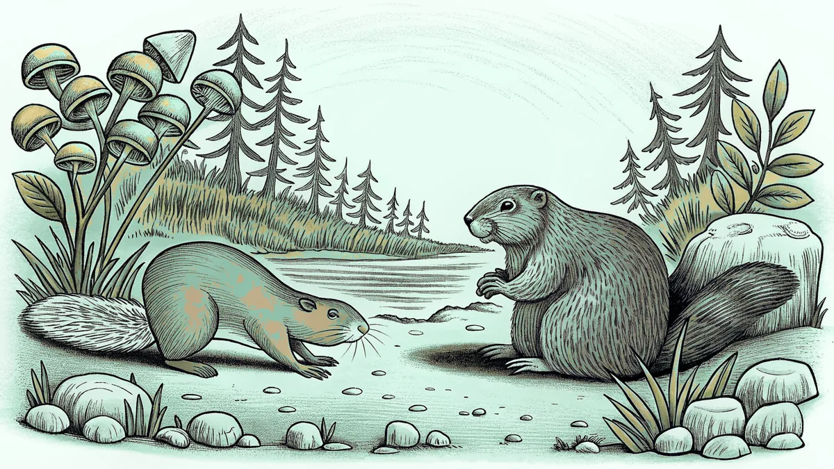 Forest rodents including a squirrel, beaver, and chipmunks in their natural woodland habitat.