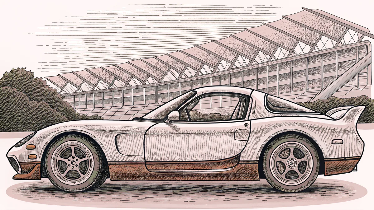 A high-performance sports car displayed with its hood open at a racetrack.