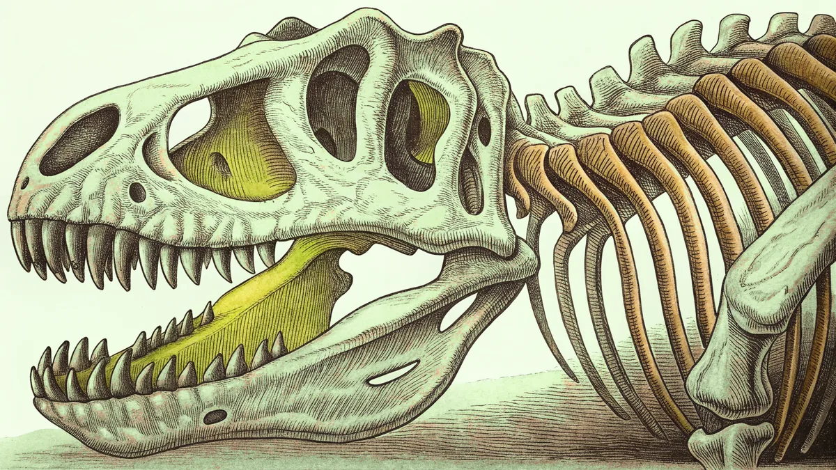 Skeletal dinosaur showing bones and distinctive features.