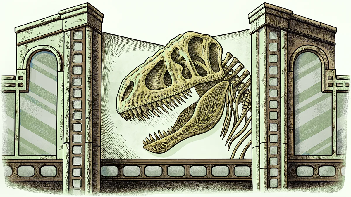 Showing skull and ribcage, a reconstructed dinosaur skeleton stands in a museum
