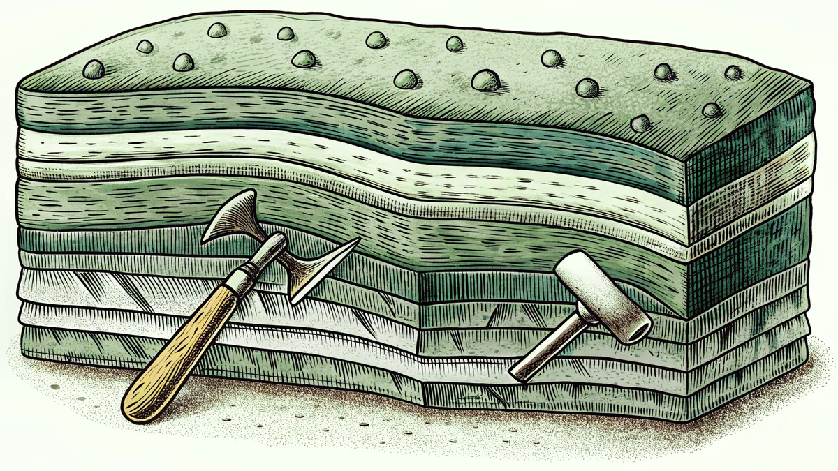 Excavation tools at a fossil dig site with layered sediment.