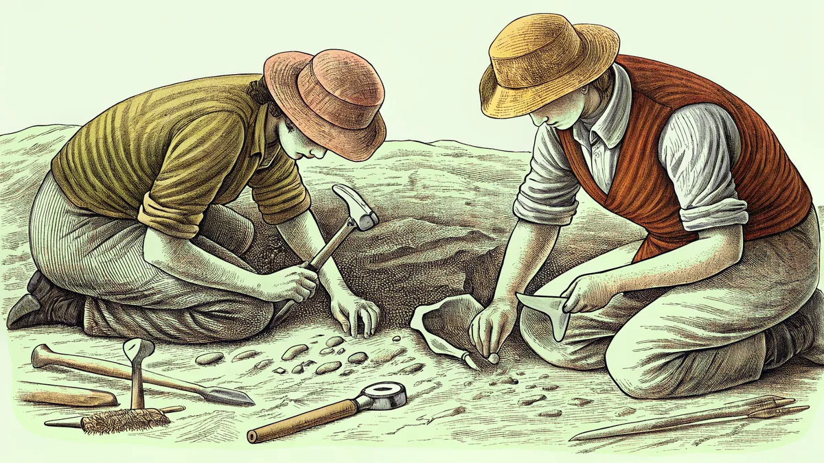 Paleontologists excavate fossil bones at a dig site using brushes and careful tools.