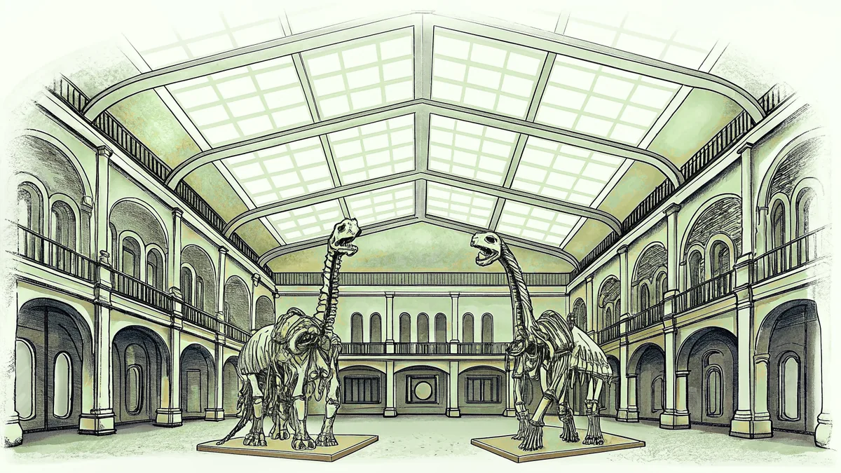 Dinosaur skeleton displays in a natural history museum.
