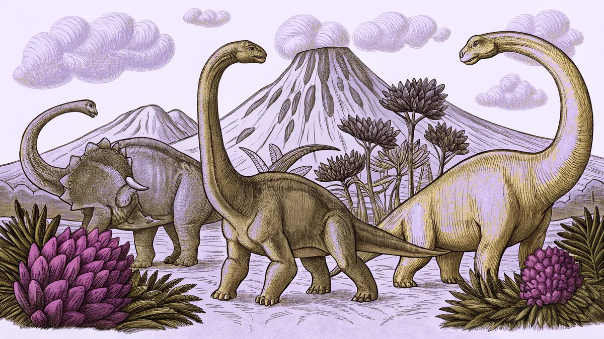 A prehistoric scene with various dinosaurs in a lush ancient landscape.