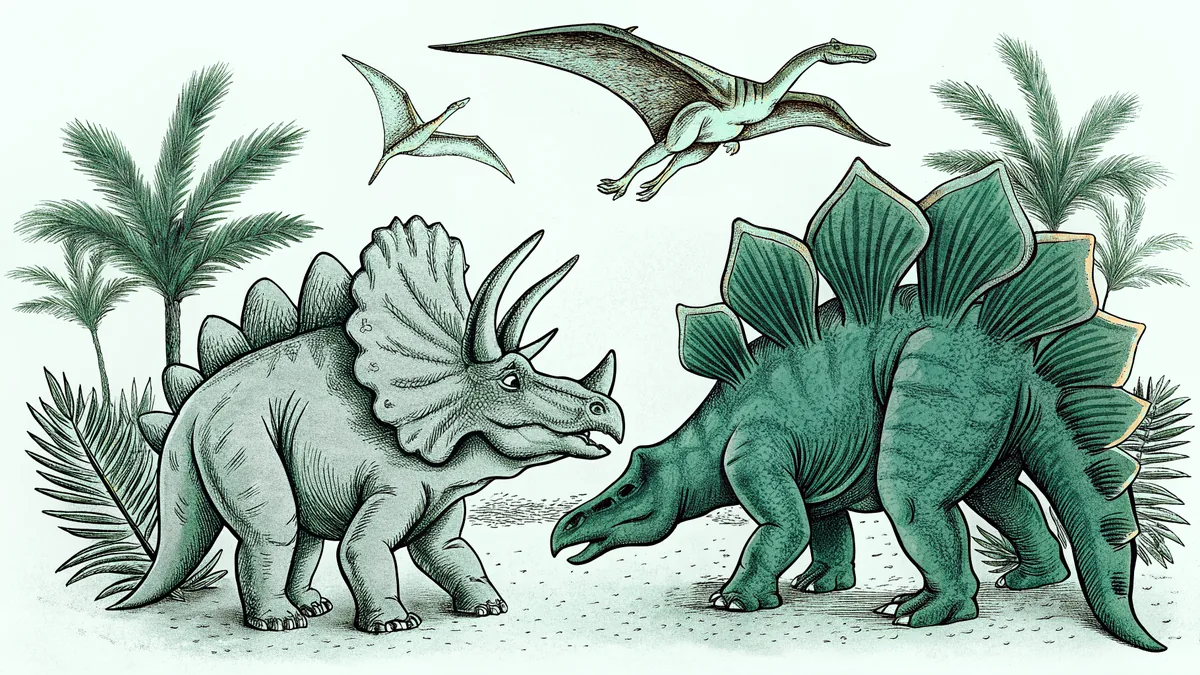 A triceratops and stegosaurus face a towering spinosaurus on ancient plains.