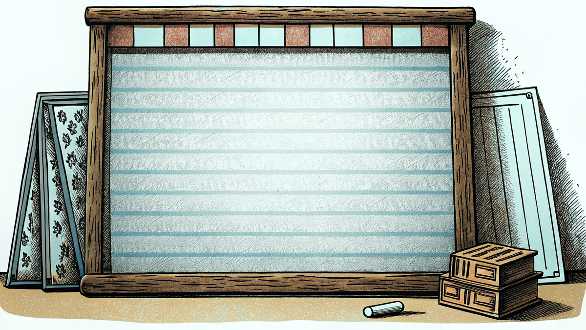 A chalkboard shows division problems written in chalk beside a stack of mathematics educational materials.