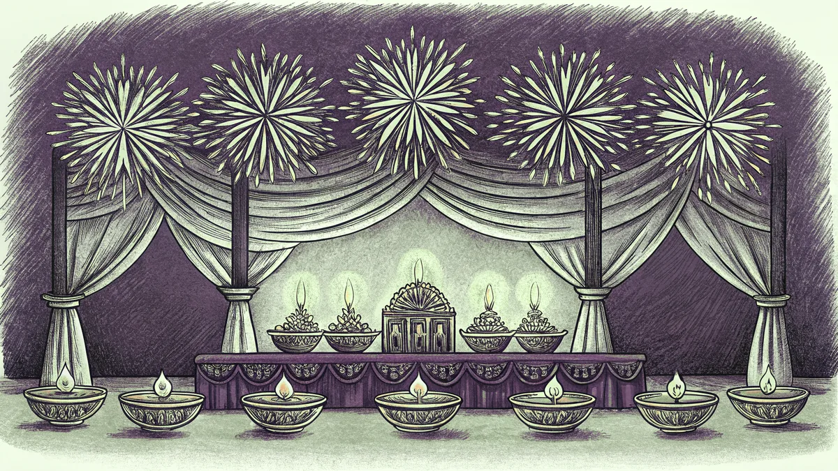 Rows of lit oil lamps and marigold flowers glow beneath a burst of fireworks in the night sky.