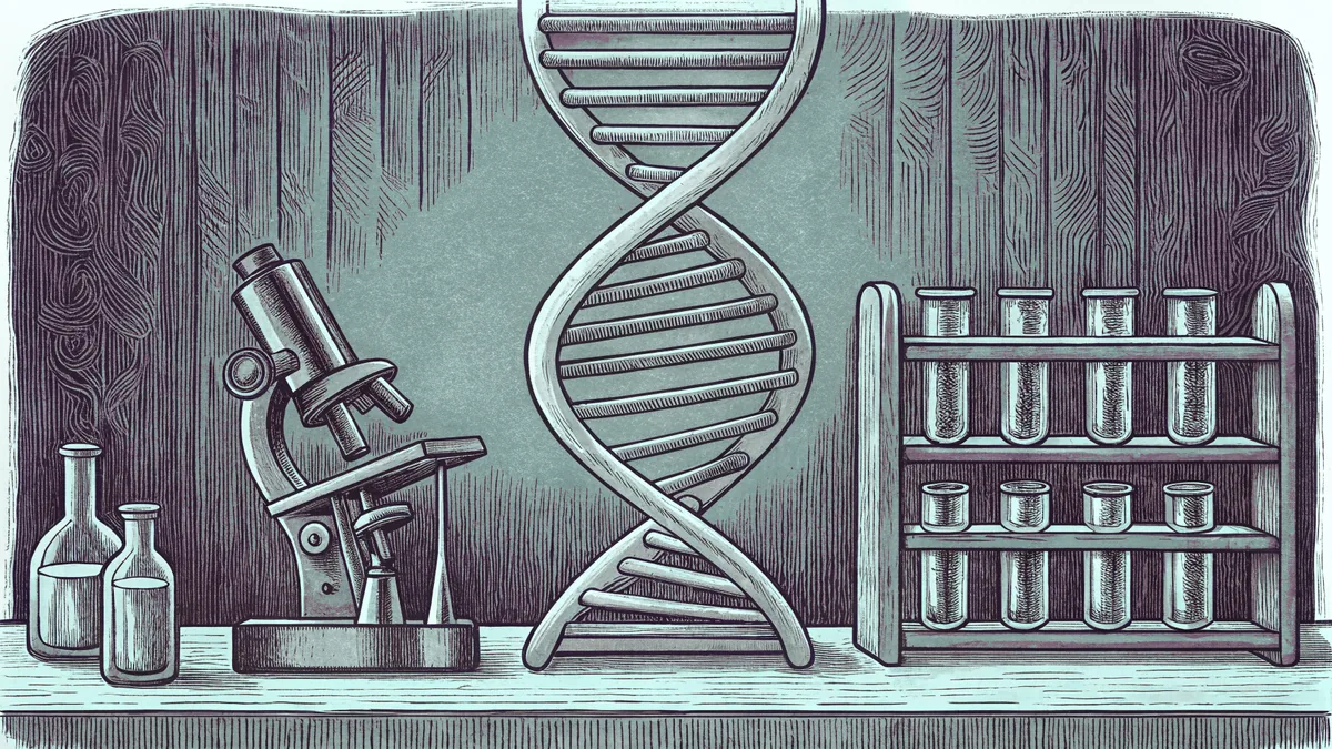A glass double helix model stands on a laboratory bench beside a microscope and sample vials.