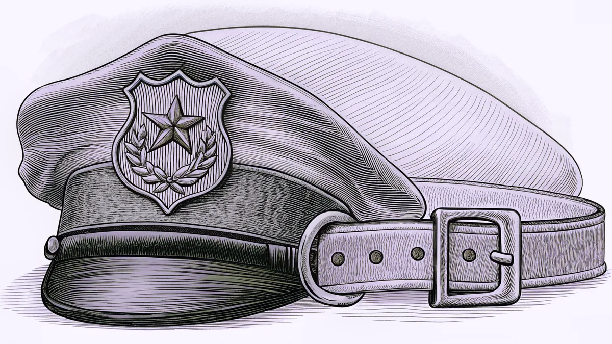 A police badge and cap rest beside a dog collar on a station desk.