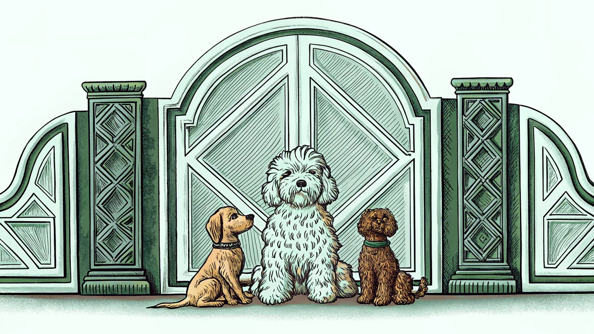 Several non-shedding dog breeds including a poodle, Labradoodle, and small terriers