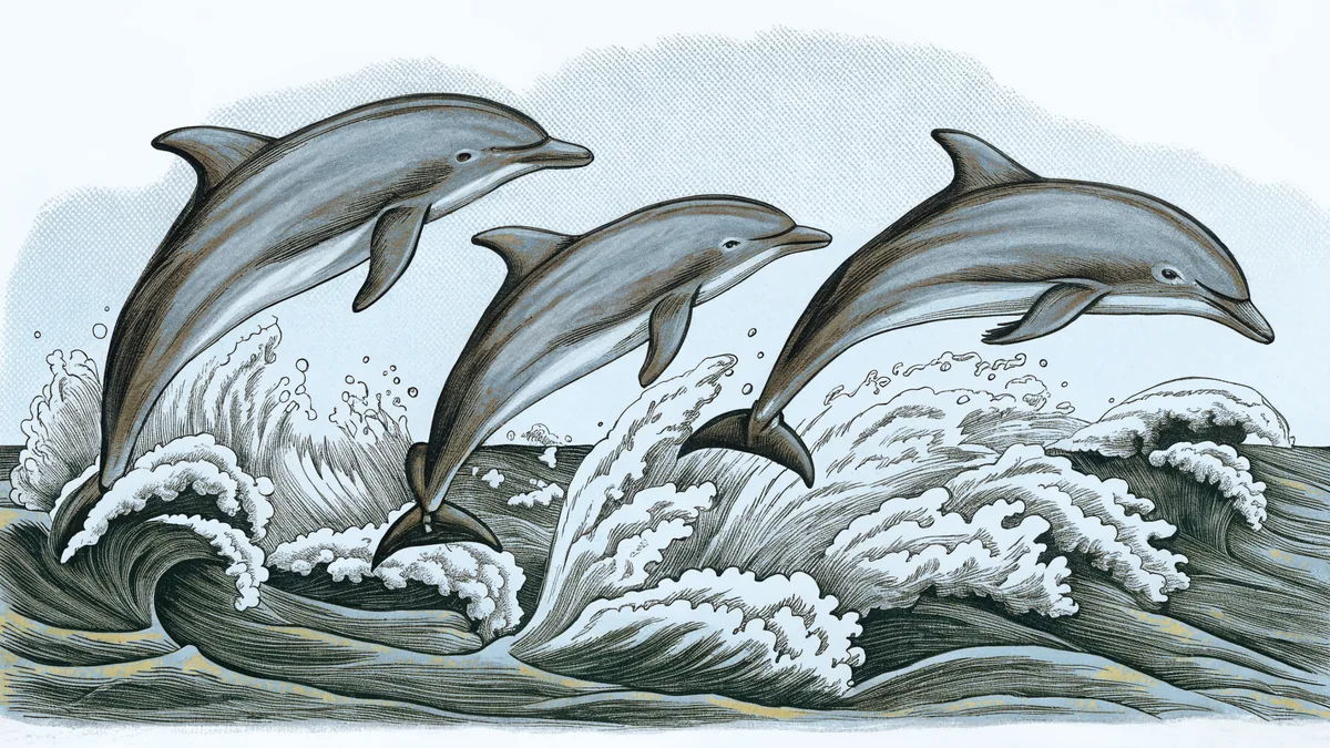 Playful dolphins leaping through ocean waves in formation