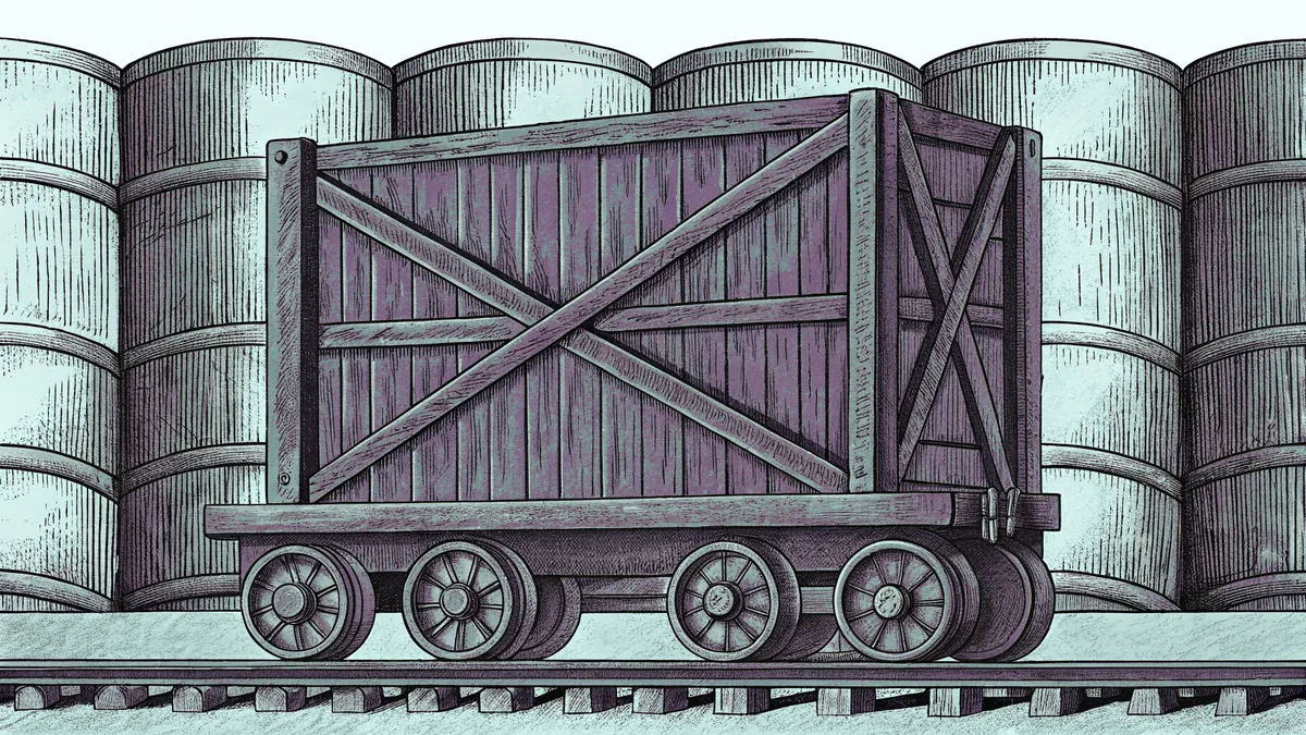 Industrial warehouse with barrels and minecart