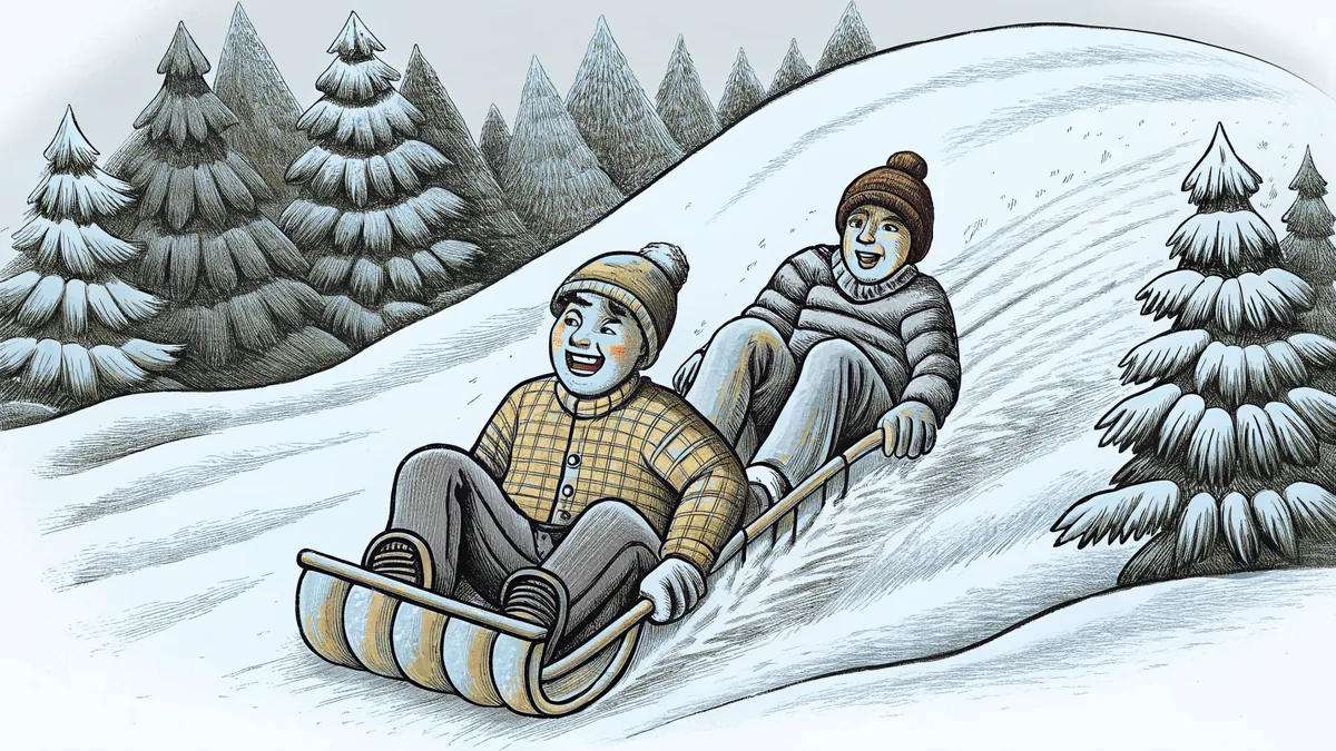 A sled speeds down a snowy slope toward a large snowbank.