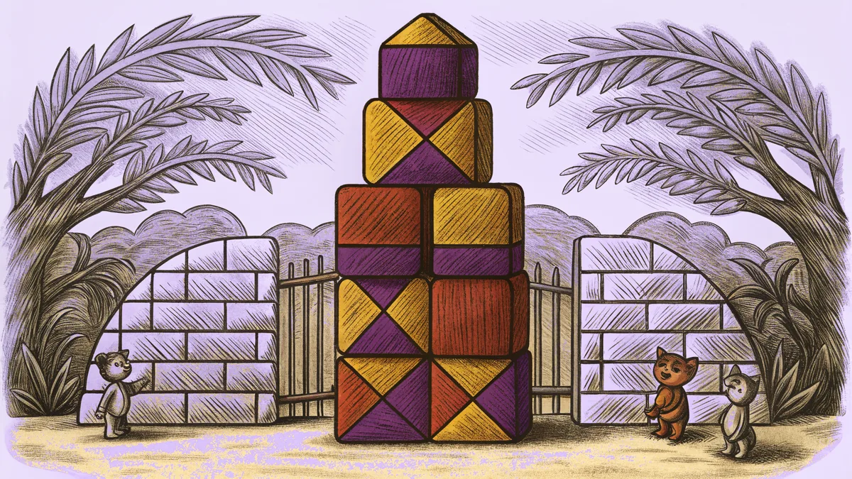 A whimsical tower of colorful blocks stands beside playful cartoon creatures.