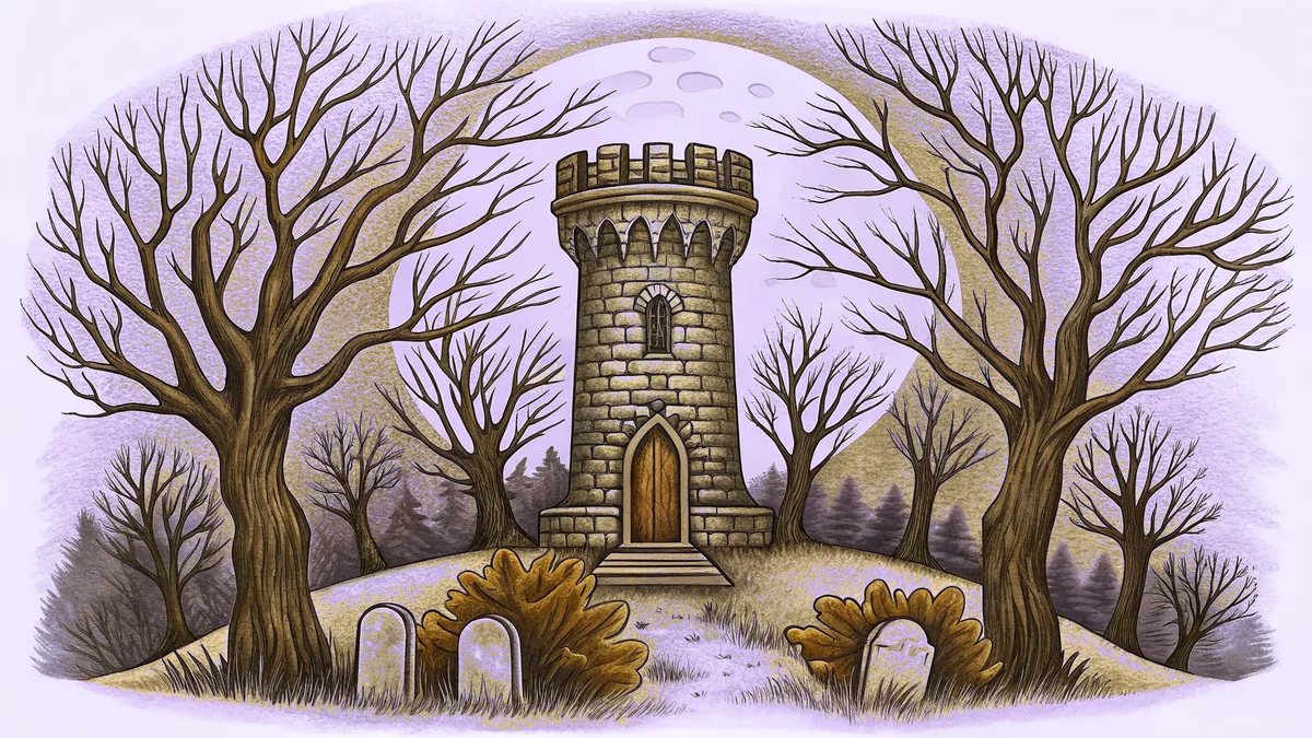 A shadowy castle tower rises above an open grave in moonlight.
