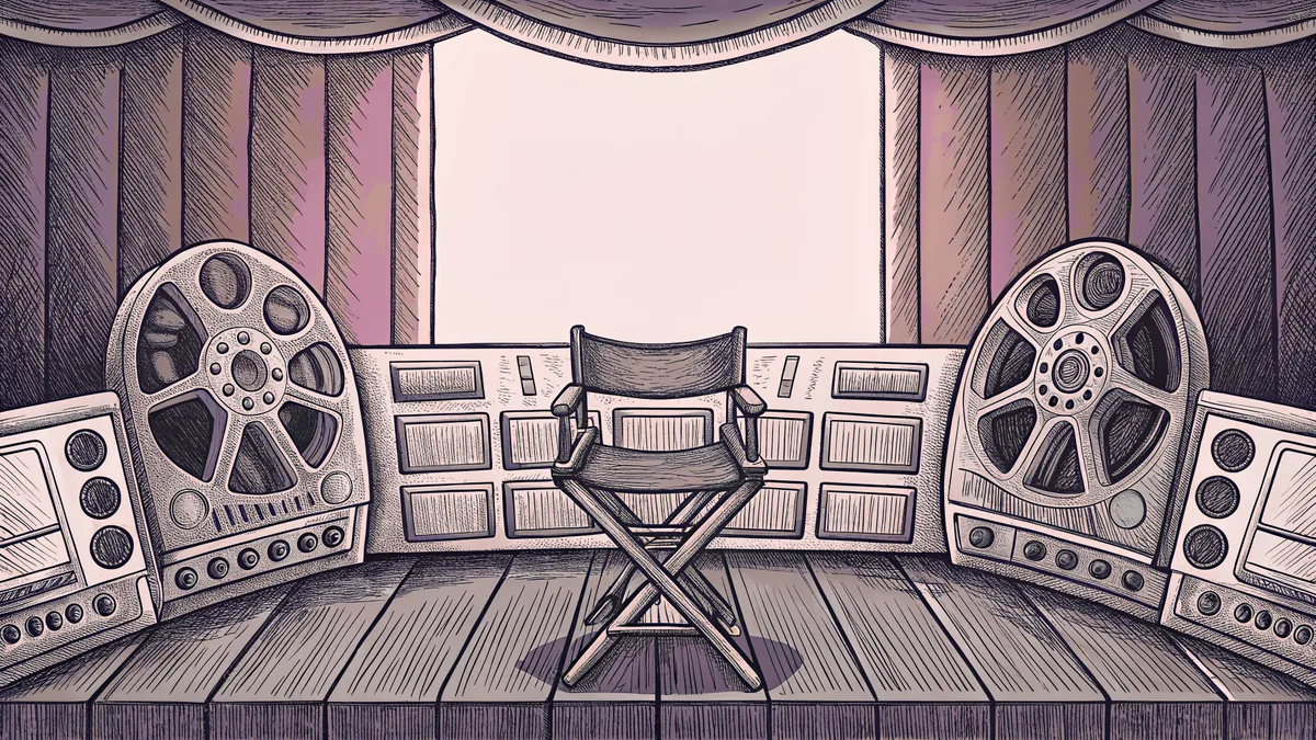 A film canister sits beside a director's chair and studio control panels.