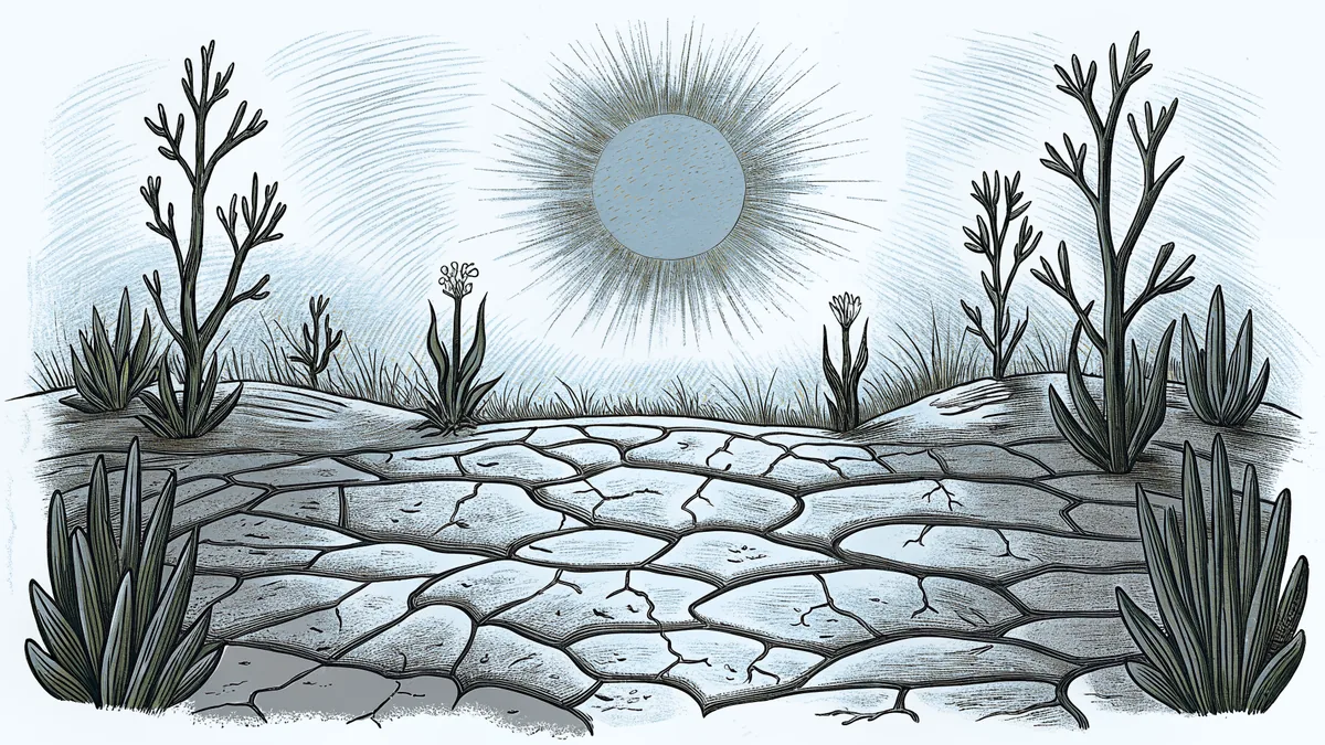 Drought landscape with blazing sun, cracked earth, distant wildfire, withered plants.