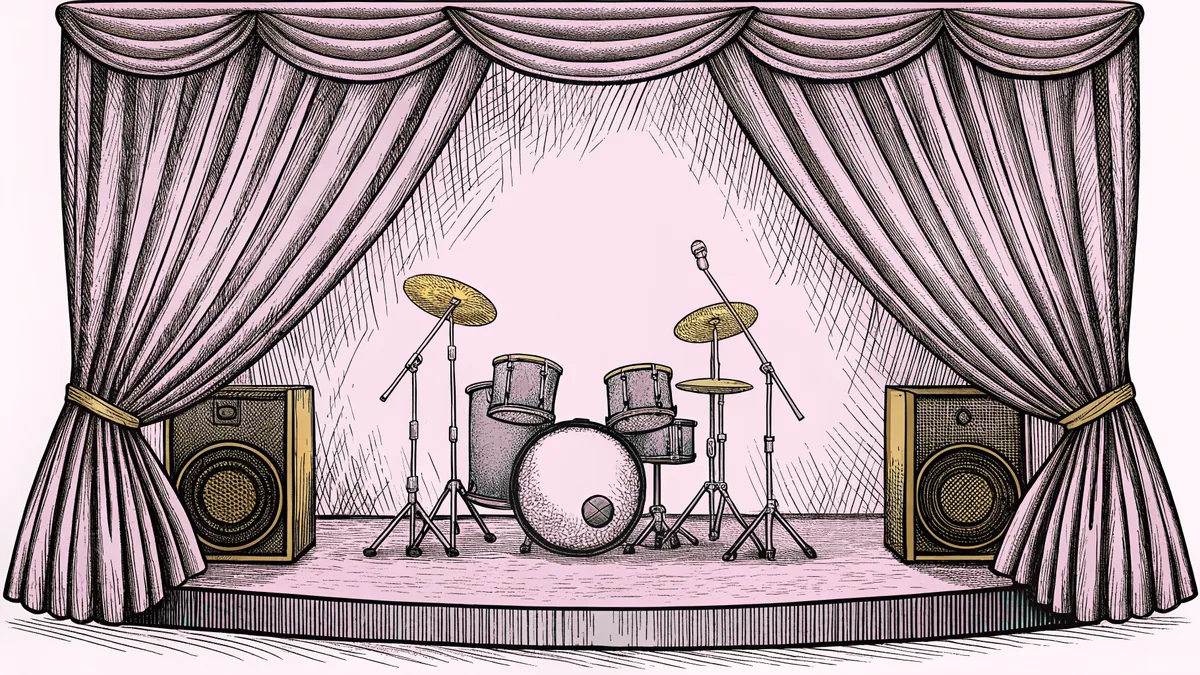 A complete drum kit with sticks and brushes sits on a stage beside a standing metronome.