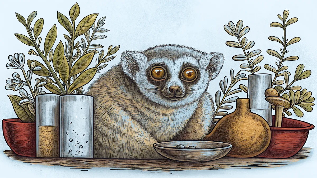 A lemur surrounded by medicine bottles and scientific apparatus.