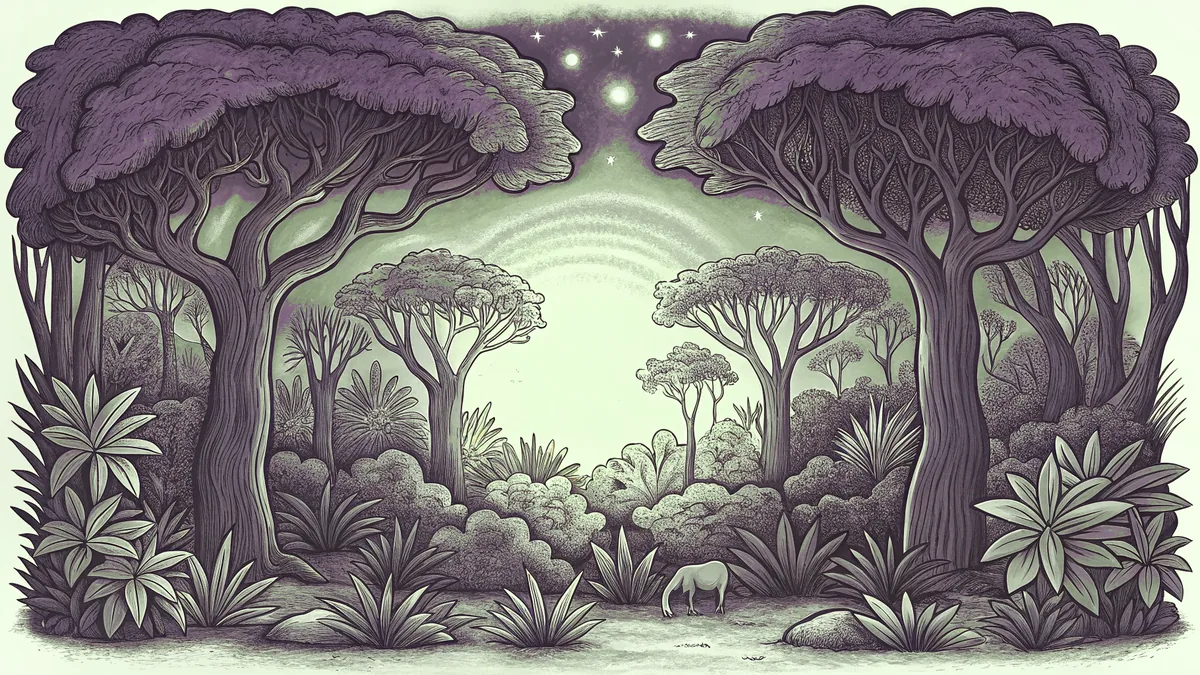 A verdant forest teems with wildlife under a radiant sun.