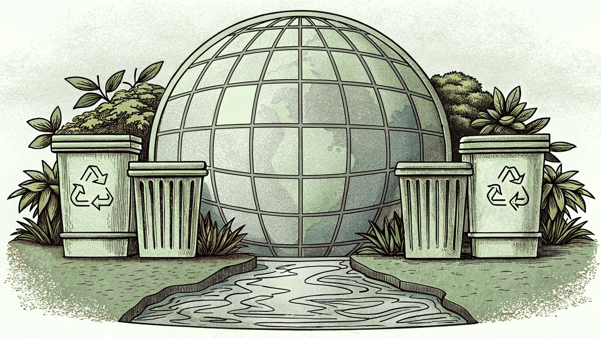 Earth's globe surrounded by sprouting plants, recycling symbols, and fresh water