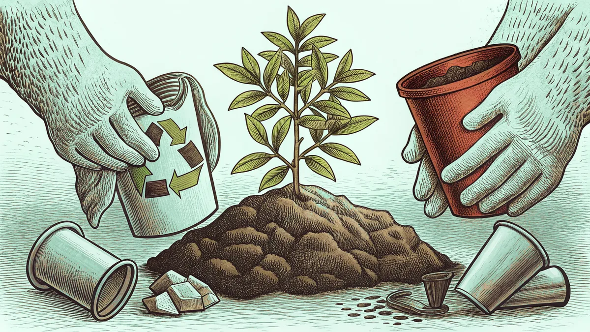 Hands plant a young sapling with recycling symbols and composting materials nearby.