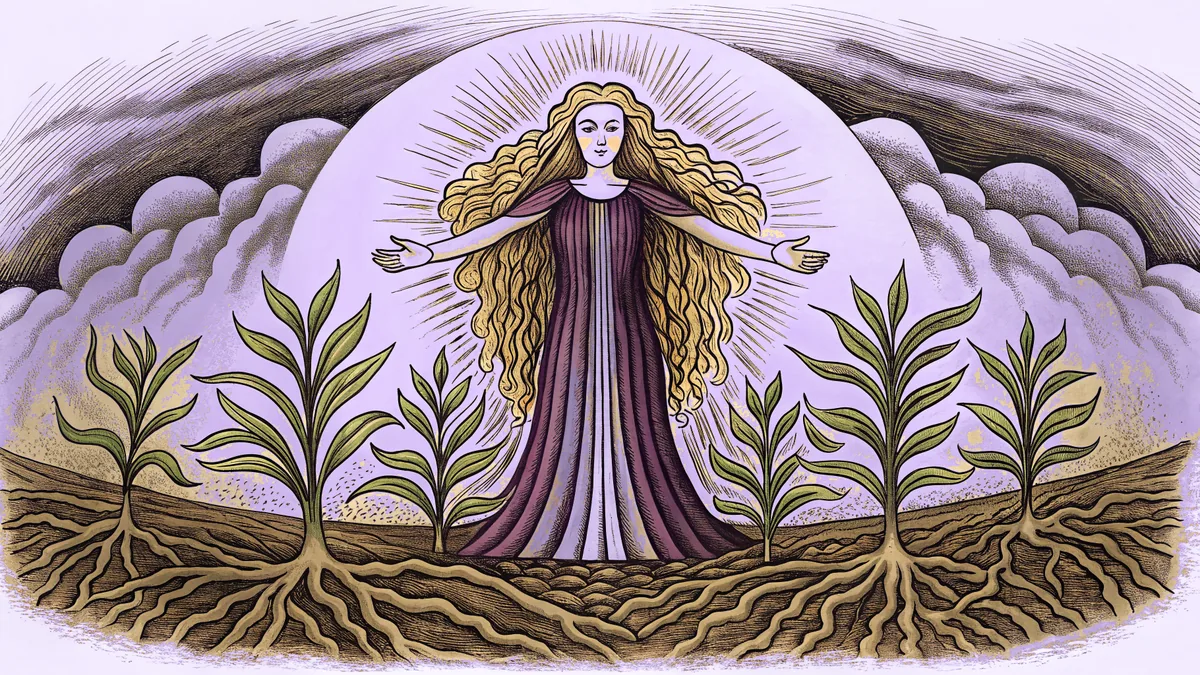 A divine earth goddess figure with sprouting plants, rich soil, and natural growth.
