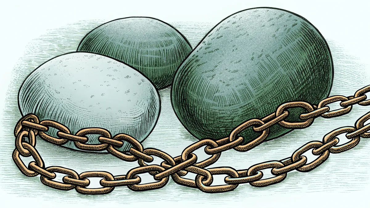 Three smooth loose pebbles lying beside a coiled length of iron chain.
