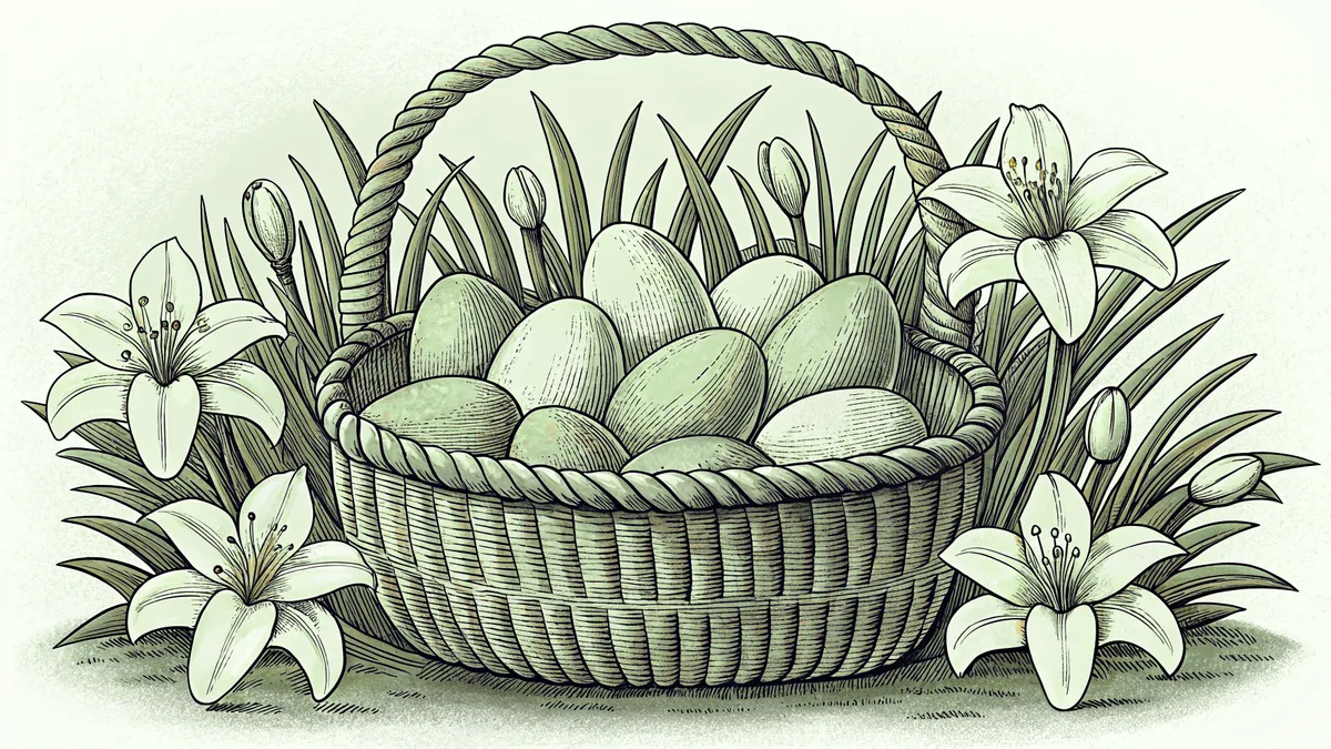 Painted eggs in a woven basket next to white lilies on a lawn.