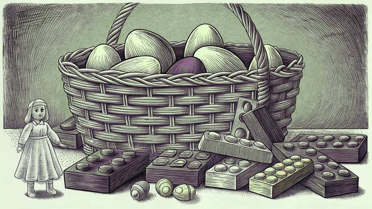 A wicker Easter basket filled with toys, treats, and springtime gifts scattered around it.