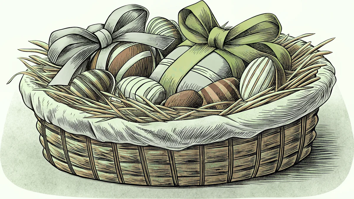 An Easter basket overflowing with wrapped chocolates, jellybeans, and ribbon.
