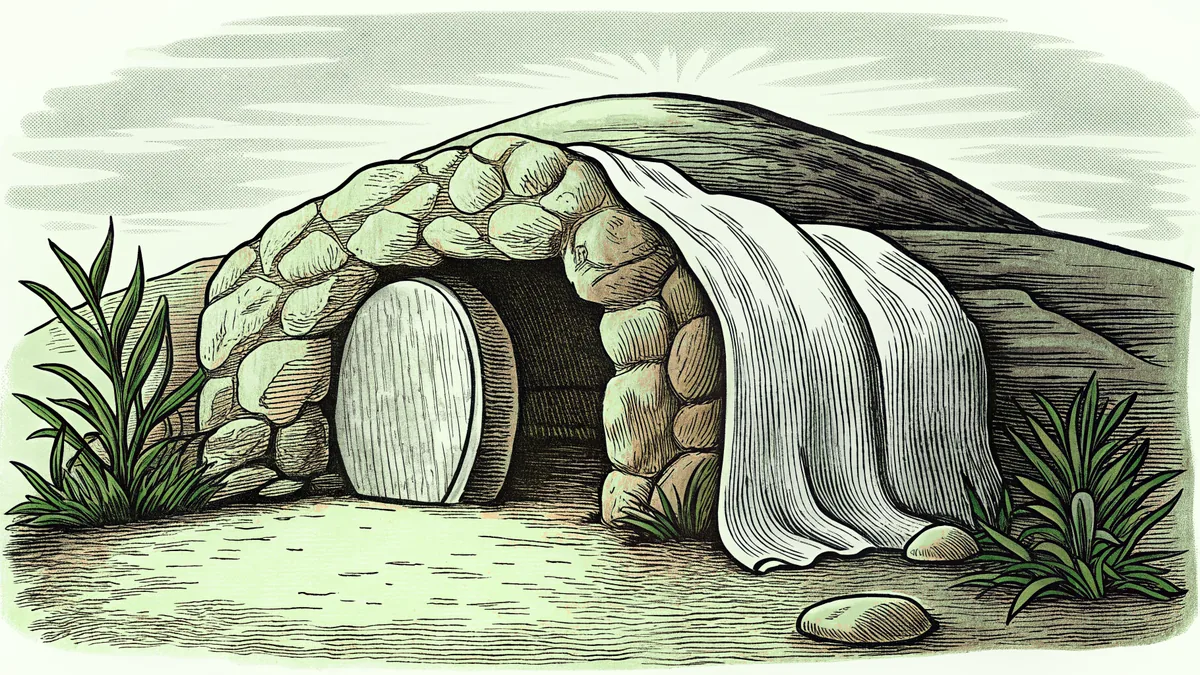 A stone rolls away from an empty tomb as white linens glow in dawn light.