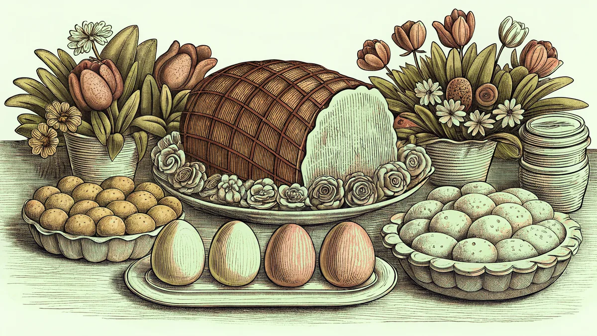 Glazed ham platter beside fresh berries, pastries, and deviled eggs for Easter brunch