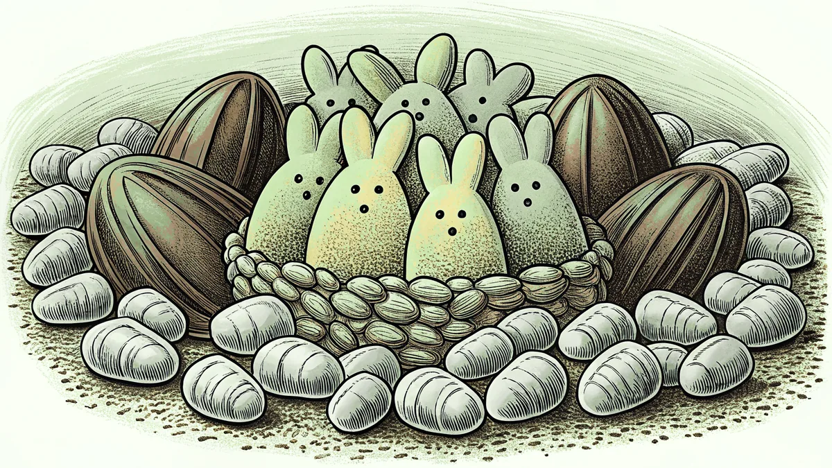 Fluffy yellow peeps surrounded by chocolate candy and colorful jellybean pieces