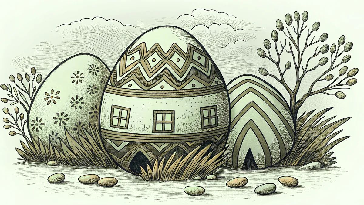 Brilliantly painted Easter eggs surround pots of dye and scattered colorful candies.
