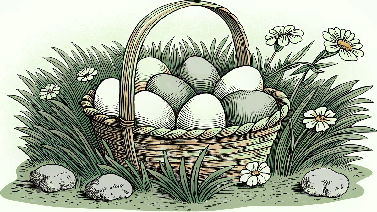Basket filled with painted eggs nestled among dandelions and green spring grass
