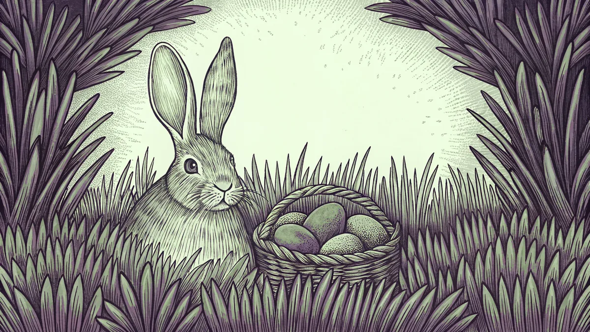 Colorful Easter eggs scattered in spring grass with a basket and toy bunny.