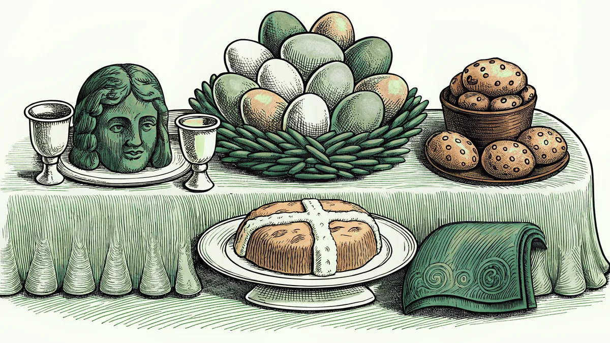 An Easter table features painted eggs, warm hot cross buns, and roasted lamb.