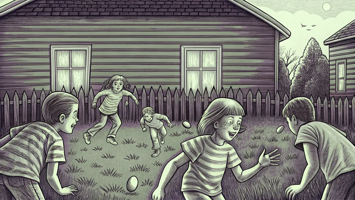 Kids participating in spoon-and-egg race on grassy yard surrounded by laughing onlookers