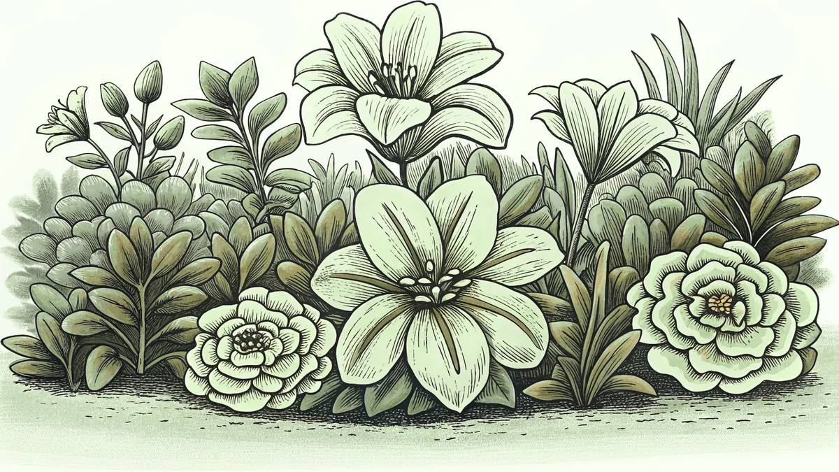 Spring garden with soft-colored flowers in pastel shades of lavender and peach.