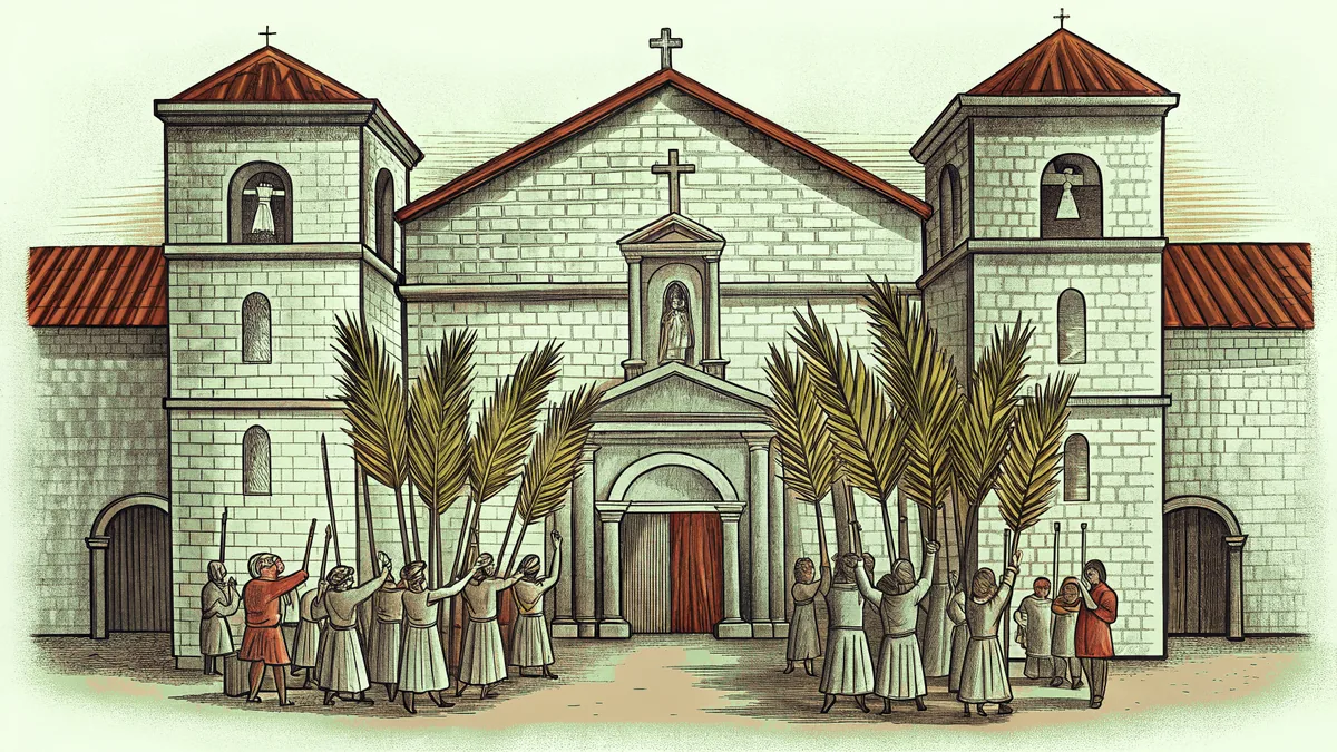 A procession carries crosses and palm branches toward a seaside Spanish colonial church.