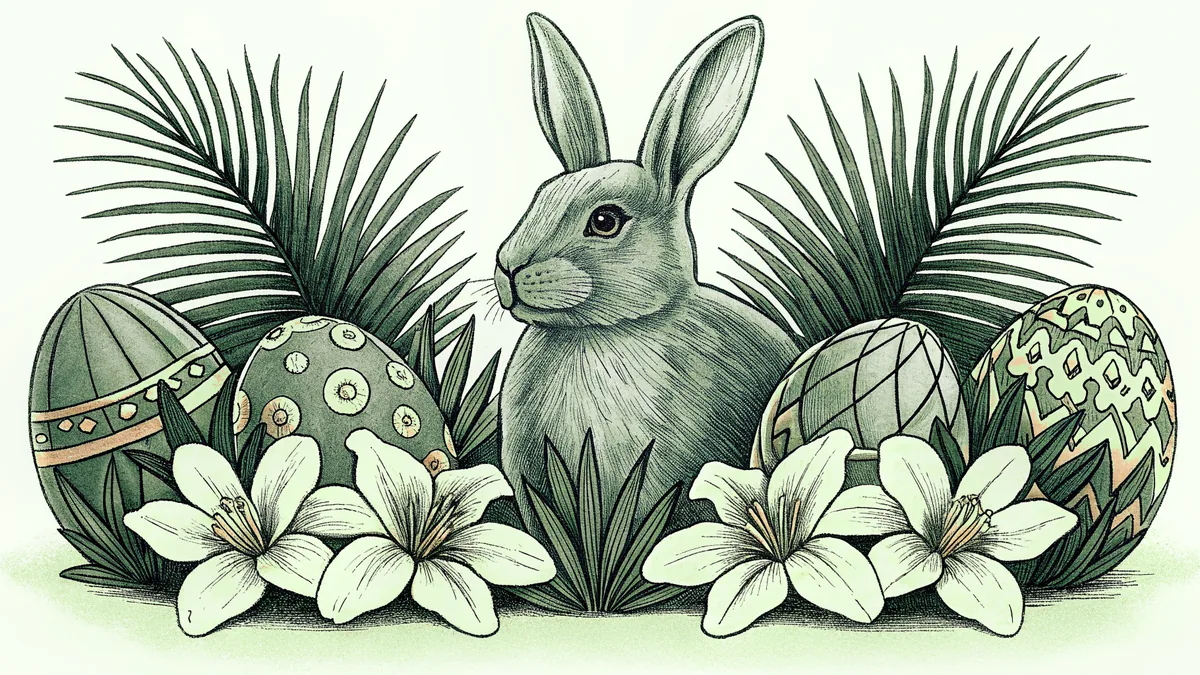 An Easter bunny sits among colorful painted eggs and white blooming lilies.