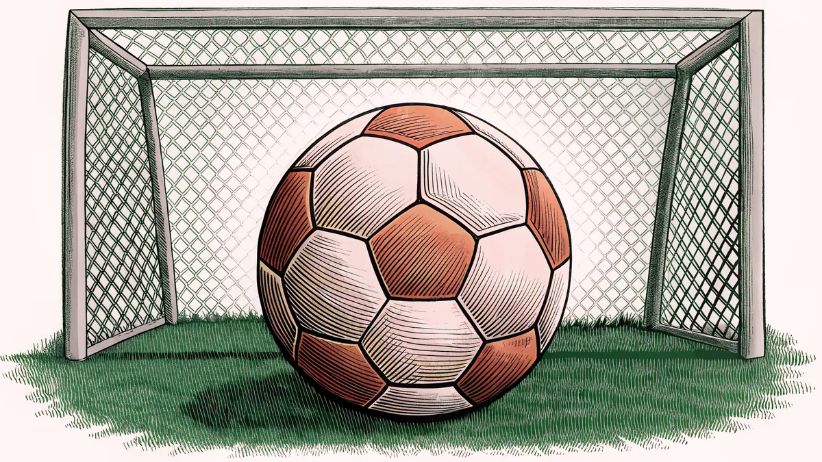A soccer ball sits on green grass in front of a net and goal post.