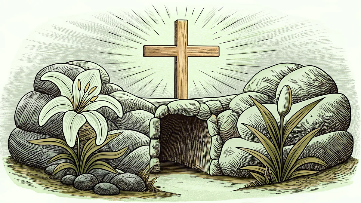 A sacred lily and cross positioned over an open stone sepulcher bathed in heavenly light.