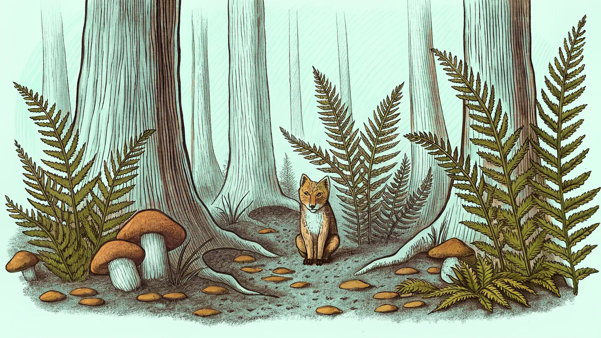 A fox pauses at a forest edge where mushrooms and fallen leaves decay among the ferns.